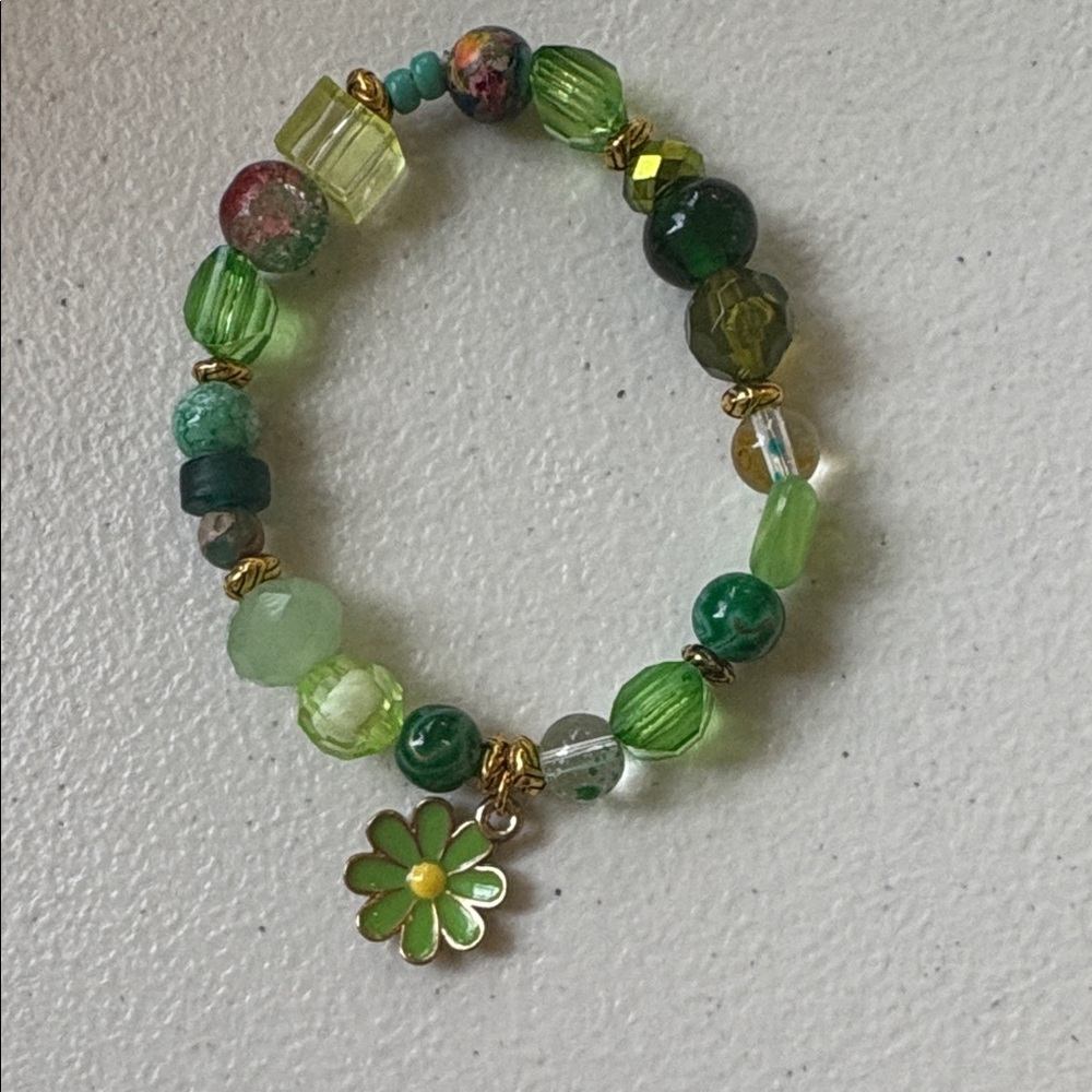 Green Beaded Bracelet with Flower Charm by Sassy Charmer